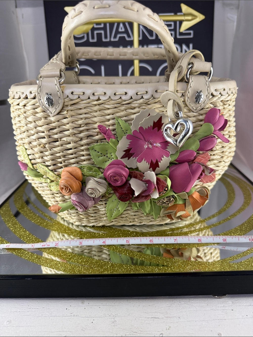 Brighton Cream Woven Tote with Multicolor Floral Appliqués - Picture 4 of 11